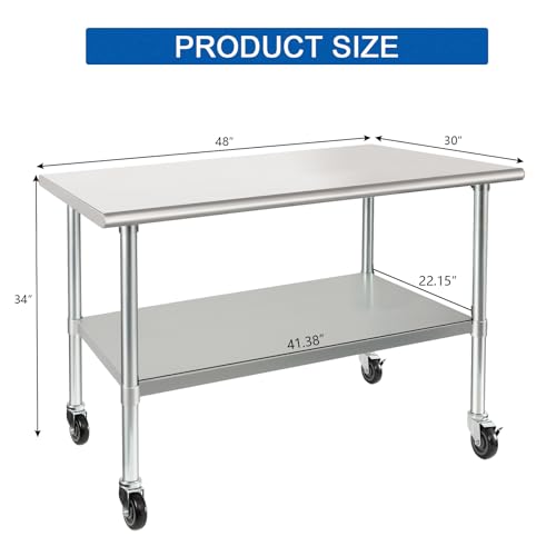 Image of HARDURA Stainless Steel Table with Wheels 30 x 48 Inches Casters NSF Heavy Duty Commercial Work & Prep Table with Undershelf and Galvanized Legs for Restaurant Kitchen Bar and Hotel Garage