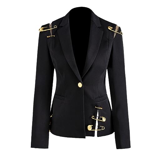 Streetwear Coat for Female Patchwork Metal Pin Buckle Lapel Collar Long Sleeve High Waist Slimming Women's Coat