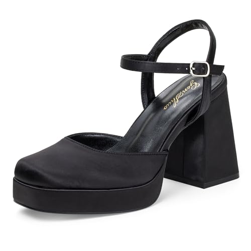 GENSHUO Zapatos de Plataforma Mujer Punta Cuadrada Tacón Bloque 10 cm Sandalias con Correa de Tobillo Elegantes para Boda Fiesta Oficina, Satén Negro, 40 EU