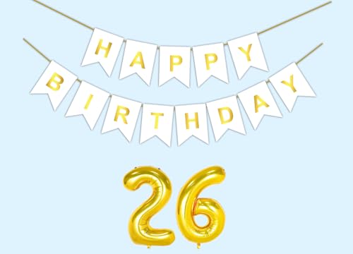 Image of 26th Happy Birthday Decoration Kit White for 26 year Old Boys Girls Men Women with Number Twenty-six Party Decorations Decor Celebration Items Item Set Combo Reusable Paper Banner