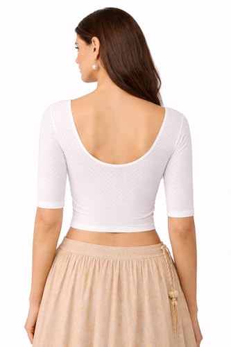 Image of Fressia Fabrics Pure Cotton 4-Way Stretch Readymade Blouse for Women | Free Size to 4XL Stretchable Round Neck Dobby Cotton Half Sleeve Readymade Saree Blouse for Women Stylish