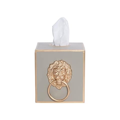 Jaye’s Studio Decorative Square Tissue Box Cover for Bathroom & Home, Premium Cube Tissue Box Holder, Gold Trim & Accents, Paws & Claws Lion’s Head Detail, Luxury Handmade Metal Decor (6x5x5, Taupe) Cover
