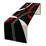 Abstract Geometric Table Runner Red Grey and White Striped Black Background Modern Kitchen Dinner Runner for Indoor Home Living Room Party Dining Table Decoration 13'x36'