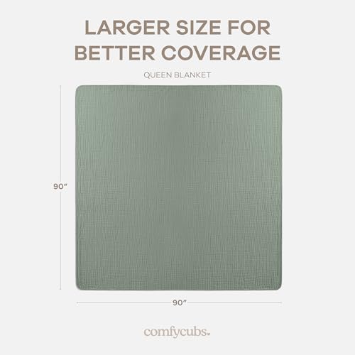 Image of Comfy Cubs Muslin Blanket for Adults Queen 90 inch x 90 inch - 6 Layer Soft, Breathable & Lightweight Muslin Adult Blanket - Machine Washable & Designed in The US Bedding for All Seasons - Fern