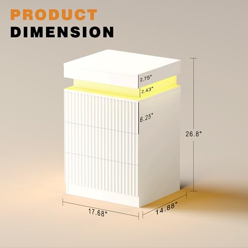 Image of Nightstand Set of 2 for Bedroom, LED Nightstand with 3 Drawers and Charging Station, Mid Century Modern Fluted Nightstands, Bedside Tables & End Tables, White