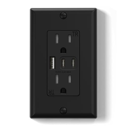 ELEGRP USB Outlets 15 Amp Wall Outlet with 3 USB Ports Dual USB C Ports Outlets TR Tamper-Resistant USB Outlets Receptacles Wall Plate Included UL/CUL Listed 1 Pack Black