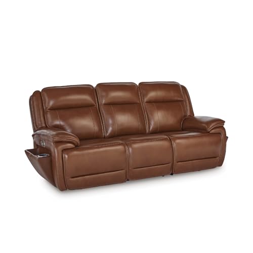 Image of Signature Design by Ashley Healy Pier Power Reclining Sofa, Zero Gravity Recliner with Adjustable Headrest, Leather and Faux Leather Upholstery, Chocolate Brown