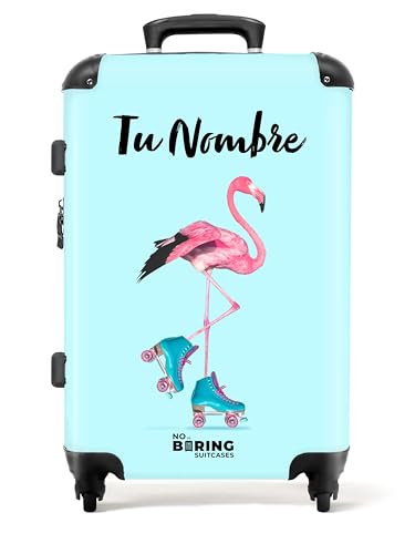 NoBoringSuitcases.com Maleta Infantil, Maleta Infantil Niña, Maleta Mediana 4 Ruedas, Maleta Personalizada, Maletas de Viaje Grandes 23 Kilos (67 cm - 72 L) (Flamenco en Patines - Azul)