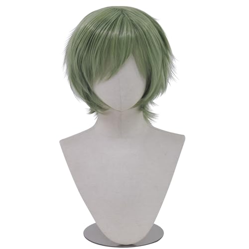 Cfalaicos 10 Inch Short Green Wig Men Layered for Halloween Christmas Event Costume Party Anime Outfit Heat Resistant (Light Olive Greenish 10)