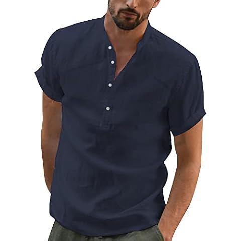 YAOBAOLE Men's Retro Button V-Neck Linen Henley Shirts Short Sleeve Stand Collar Slim Fit Shirt Navy XL Cover
