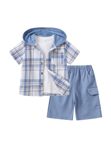 Image of Boys Clothes Shorts Sets Plaid Short Sleeve Hooded Button Shirt and Jogger Shorts for Kids Summer Outfits
