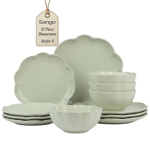 Sango 12 Pieces Scalloped Dinnerware Set Sage Green Dishes for 4 Premium Serving Plates & Bowls Sets Chip Resistant Ceramic Dishware Kitchen Dish Microwave & Dishwasher Safe Bethany
