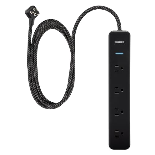 PHILIPS 4-Outlet Surge Protector Power Strip, 450J, Adapter-Spaced, 4ft Braided Cord, Outlet Extender, Extension Cord, for Home School or Office, Black, SPP3503B/37