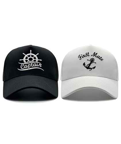 Image of Captain and First Mate Hat, Embroidered Trucker Hats for Couples | Adjustable Snapback Nautical Boating Gift for Men Women