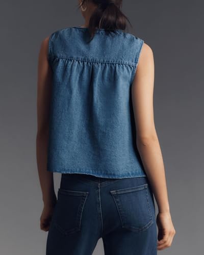 Womens Peplum Babydoll Denim Tops Casual Summer Sleeveless Flowy Jean Tops Loose Shirred Swing Tank Tops2