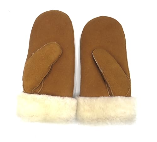 SUPER s6x Lammfell Handschuhe Fäustlinge, Fausthandschuhe Merino Lammfell, (M) Cognac - braun - olive, Damen - Größenbeschreibung siehe Produktbeschreibung
