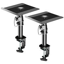 Universal - 9.6x8.8” / 244x223mm platform with height-adjustable stand. Load up to 15kg each stand. Adjustable - raise your speaker to eye level with 4-level locking pole (221/267/315/361mm to the desk). Then adjust the tray to the ideal projection a...