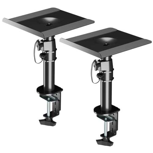 suptek Clamp-on Speaker Stand Desk Mount Set 9.6 x 8.8 inch Trays Height Adjustment and Tilt Universal Audio Holders for Computer and Bookshelf Speakers Elevated Sound 2 Pack Black SDM001B