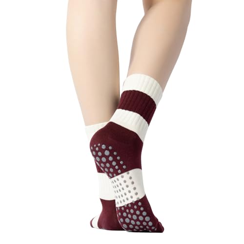Yoga Pilates Socks with Grips for Women Non Slip Striped Cushioned Crew Socks for Barre Ballet Dance