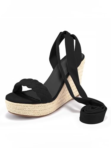 Image of Syktkmx Womens Braided Wedge Espadrille Sandals Lace Up Slingback Open Toe Summer Platform Heeled Shoes