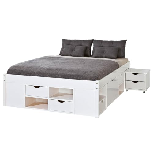 AltoBuy Alaska - Lit 160x200cm Multi-Rangement Vernis Blanc