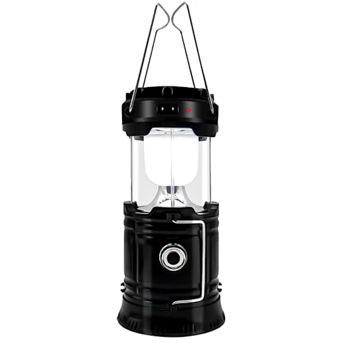 Lampião LED Lanterna Recarregável Com Luz Solar Camping Luminária 2 em 1 Iluminação Acampamento Pesca Trilhas Multiuso Carregador USB Portátil Emergências (PRETTO)
