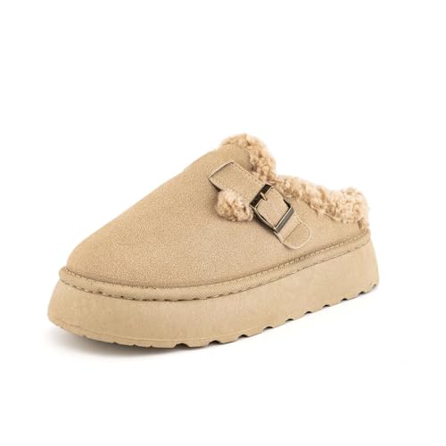 SIFINELAR Platform Slippers for Women Mini Ankle Booties Warm Fuzzy Slippers Brown Suede Boots with Platform Cozy Slides Lightweight Boots with Comfort for Jeans/Dress