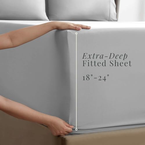 Image of Hearth & Harbor Extra Deep Pocket Queen Sheets Sets - Fits Mattress 18-24 Inches Deep - Extra Deep Pocket Sheets - 6 Piece Queen Size - Silver