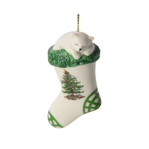 Spode Christmas Tree Kitten in Stocking Ornament, Festive Holiday Bauble for Christmas Tree, Earthenware Hanging Decoration with Red Ribbon for Easy Hanging, Decorative Accent & Keepsake Gift