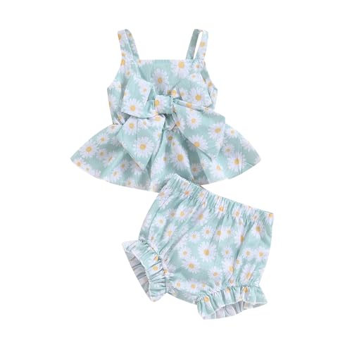 Image of Newborn Baby Girls Summer Shorts Clothes Sleeveless Daisy Print Bow Cami Tops PP Front Bowknot Outfits Set