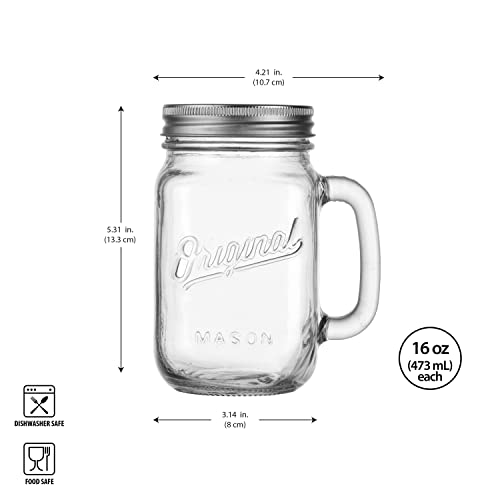 Mason Jar 16 Oz. Glass Mugs With Handle And Lid Set Of 4 - Home Essentials & Beyond - Old Fashioned Drinking Glass Bottles Original Mason Jar Pint Sized Cup Set. #TOP2