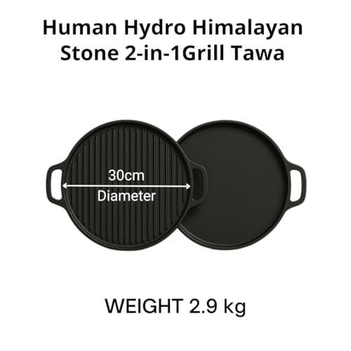 Image of Human Hydro Himalayan Stone Grill Tawa (30CM, 2-in-1) with Wooden Spatula | Iron-Rich Natural Stone | Reversible Flat & Grill Surface | Toxin-Free, Gas Compatible Traditional Cookware