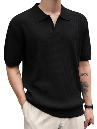 Image of Veirdo Men's Casual Ribbed Polo Collar Knit T-Shirt | Regular Fit Half Sleeve Polo for Men | Flat Knit Textured T-Shirt Perfect for Office, Party, Travel