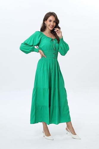 Image of OSTOO Women's 2026 Casual Long Sleeve Square Neck Smocked High Waist Flowy Maxi Dress,Boho Tiered Beach Party Dress