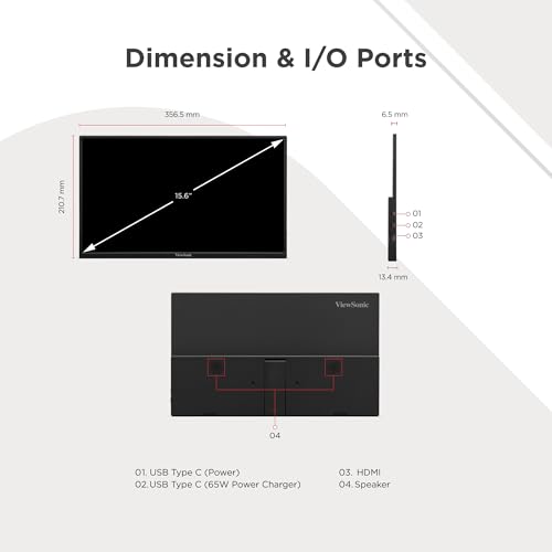 Image of ViewSonic VA1650-1N 16-inch (39.62cm) Portable Full HD 1920x1080 Monitor | SuperClear IPS Panel | USB-C & Mini HDMI | Ultra-Slim Lightweight Design | Built-in Stand | Eye ProTech