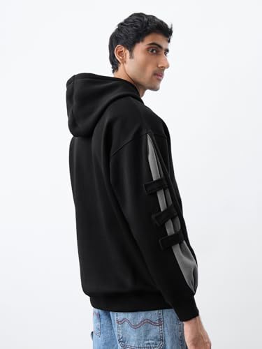 Image of The Souled Store: Dark Steel Men and Boys Full Sleeves Hooded Neck Black and Grey Colour-Block Cotton Blend Premium Heavy Fleece Pullover Oversized Hoodie