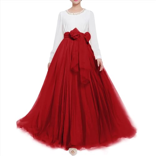 Women Wedding Long Maxi Puffy Tulle Skirt Floor Length A Line with Bowknot Belt High Waisted for Wedding Party Evening