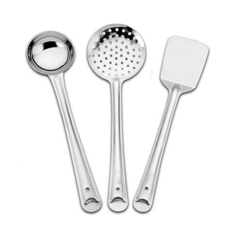 Image of Ajay's Shoppe Stainless Steel Kitchen Spoon Set of 3 | Ladle, Skimmer & Turner Set | Heavy Duty Cooking Tools for Home Kitchen