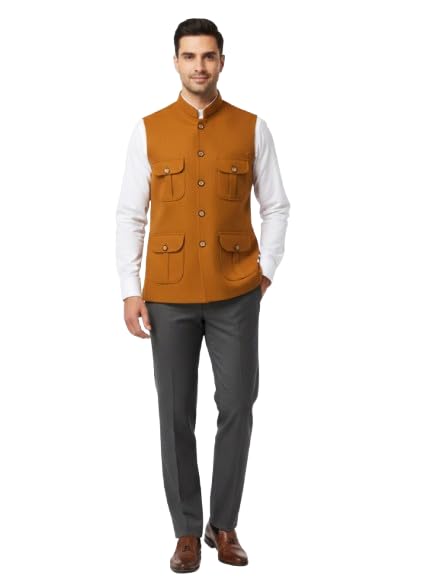 Men Cotton Blend Nehru Jacket Style Waistcoat, Regular Fit