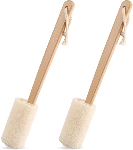 Paquete de 2 esponjas naturales de lufa, cepillo de baño exfoliante con mango de madera de 15.75 pulgadas para hombres y mujeres, limpiador corporal biodegradable para ducha y spa
