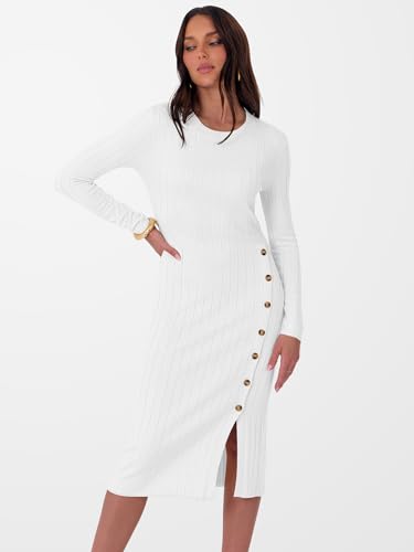ANRABESS Womens 2025 Fall Long Sleeve Midi Dress Ribbed Knit Bodycon Fitted Button Down Wedding Guest Slit Sweater Dresses