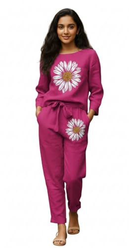 Image of White Button new Girls sunflower Daisy Print Flax Cotton Co-ord Set - Breathable Summer 2-Piece Outfit