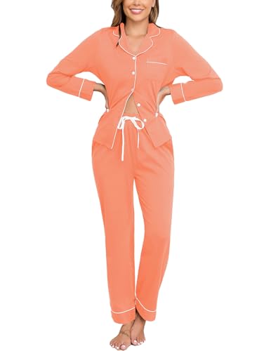 Image of Veseacky 100% Cotton Women's Pajama Set Long Sleeve Button Down Sleepwear Soft Pjs Lounge Sets Nightwear Pjs XS-XXL