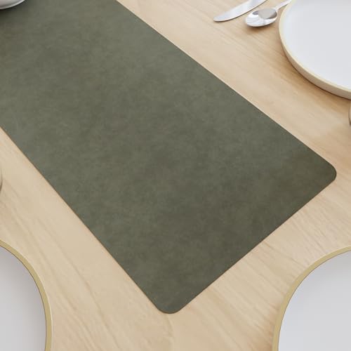 Image of Encasa XO Leather Dining Table Runner | Water & Heat Resistant Double-Layer Runners with Suede Top | Wipeable & Durable Table Runner for Centre Table | 30x85 cm - Olive