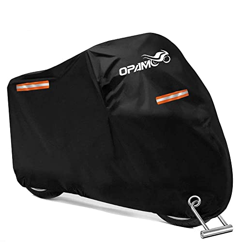 Funda para Moto, opamoo Moto Cubierta con 3 Franjas Reflectantes Agujeros de Bloqueo Cubierta de la Moto Impermeable Prueba de UV Polvo Viento Nieve Moto Cubierta Protectora 245X105X125cm