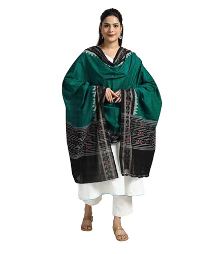 Image of Cotton Dupatta with weaving and Ikat woven border from the Weavers Stole for Girls & Women