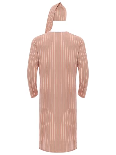 renvena Men's 2Pcs Pajamas Set Long Sleeve Striped Kaftan Sleepwear Night Shirt with Sleeping Cap4