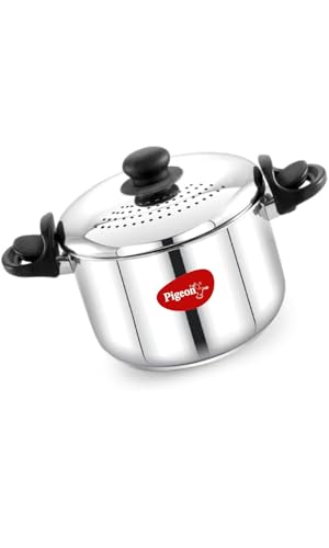 Image of Pigeon Stainless Steel Rice & Pasta Pot with Strainer Lid - 4L, Locking Handle, Induction & Gas Compatible, Multi-Purpose Cookware for Vegetables, Noodles, Biryani
