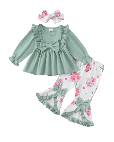 Toddler Baby Girl Clothes Fall/Winter Girls Outfits Ruffle Long Sleeve Tops Floral Flared Pants Girls' Clothing Sets