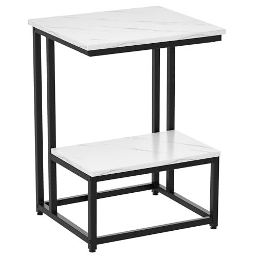 HOMCOM Table Basse Moderne Salon Table d'appoint Chambre guéridon Bout de canapé Design Structure Acier Noir Plateau étagère Aspect marbre Blanc
